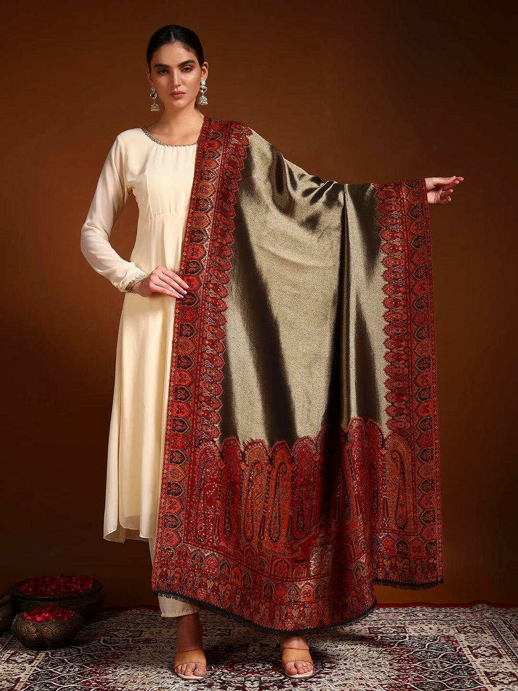 Pashmoda Women Zarvash Fine Wool Kaani Shawl, Authentic Kashmiri Luxury Pashmina Style Shawl, Stole, Medium Gents Lohi, Size (40x80 Inches, Maroon Color) ZSS06