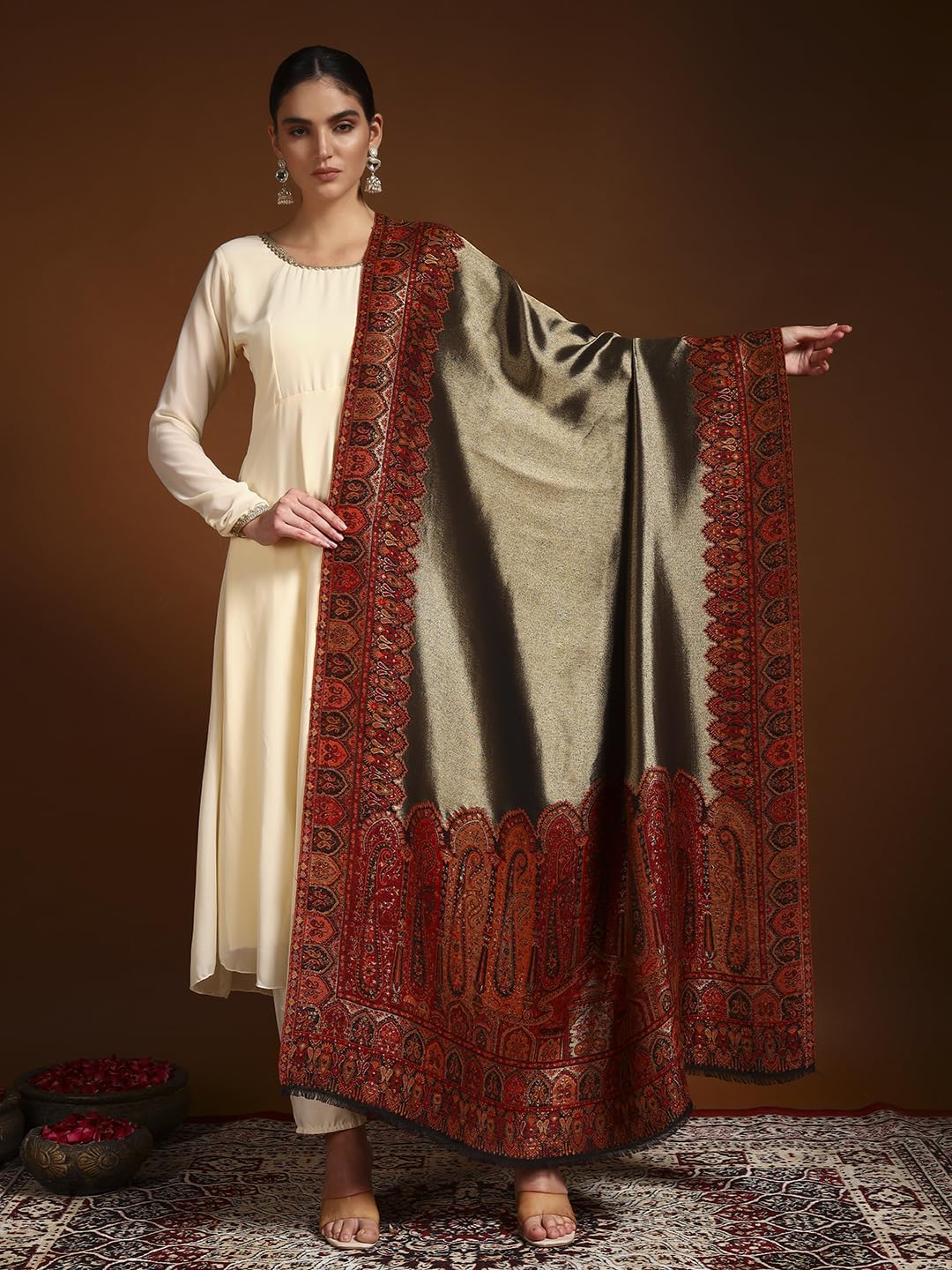 Pashmoda Women Zarvash Fine Wool Kaani Shawl, Authentic Kashmiri Luxury Pashmina Style Shawl, Stole, Medium Gents Lohi, Size (40x80 Inches, Maroon Color) ZSS06