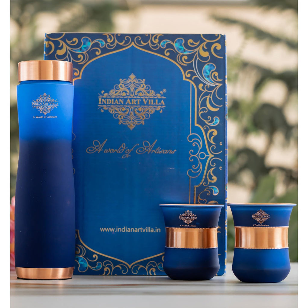 INDIAN ART VILLA Copper Bottle & Glass Gift Set - 950 ml Water Bottle & 2 Glasses (300 ml Each) - Pure Copper with Blue Ombre Silk Finish, Perfect for Gifting & Everyday Use