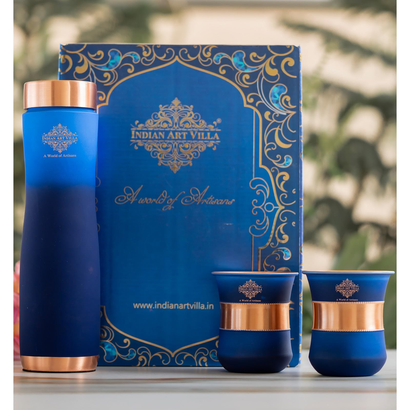 INDIAN ART VILLA Copper Bottle & Glass Gift Set - 950 ml Water Bottle & 2 Glasses (300 ml Each) - Pure Copper with Blue Ombre Silk Finish, Perfect for Gifting & Everyday Use