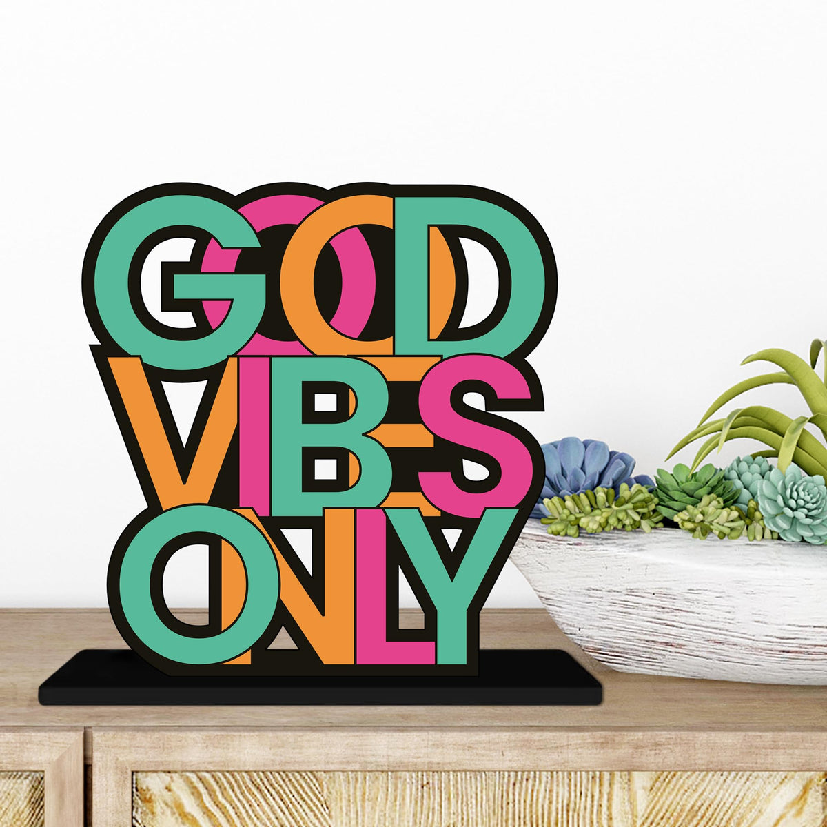 Artvibes Good Vibes Only Inspirational Quotes Table Decor for Office Desk | Home Decoration Items | Living Room | Modern Art Wooden Showpiece Decorative Gift item (SP_1185)