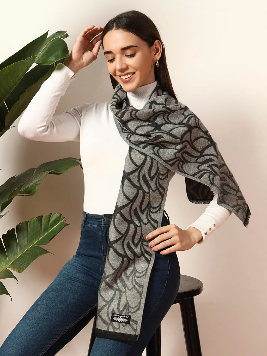 Ravaiyaa - Attitude is everything Women Woolen Ikat Design Casual Warm Winter Wear Muffler Scarf Stole 72x14 Inch (Grey Abstract)