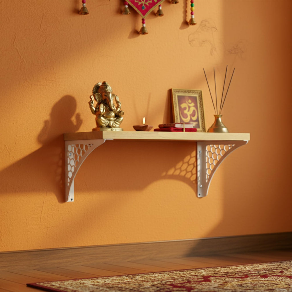 Spillbox Wooden Pooja Home Temple|White Metal Shelf |Wall Mountable|Easy Screw Assembly|Home Temple for Puja Room |Pooja Stand | Mandir-Hexagon (Small White)