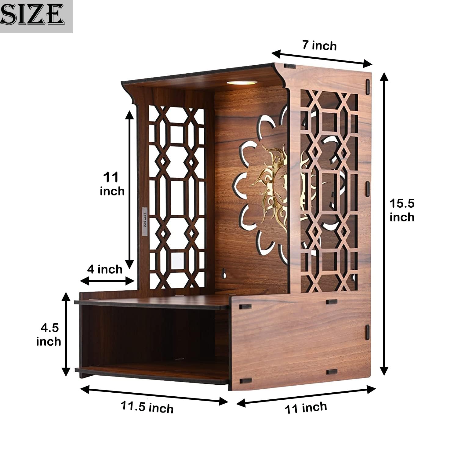 BOQP Wooden Pooja Stand for Home Mandir for Home Temple for Home and Office Puja Mandir for Home and Office Wall with LED Spot Light Product (H- 15.5, L- 11.5, W-11 Inch)