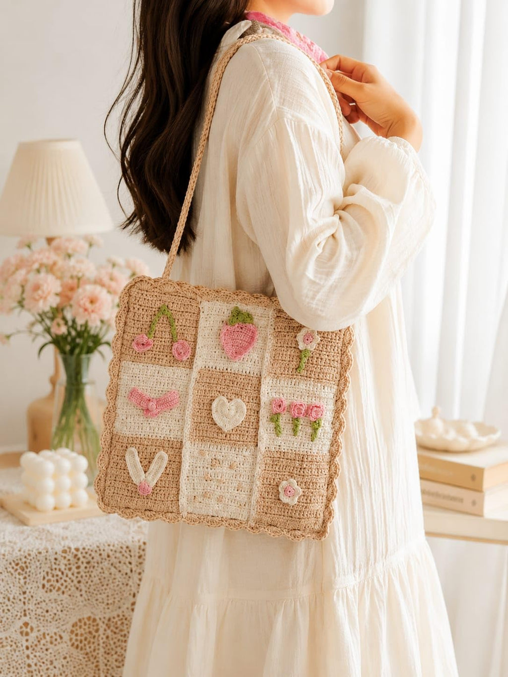 NYCRA Crochet Tote Bag, Beige, Floral and Heart Applique, Scalloped Edge, 30.5 x 30.5 cm, 63.5 cm Strap