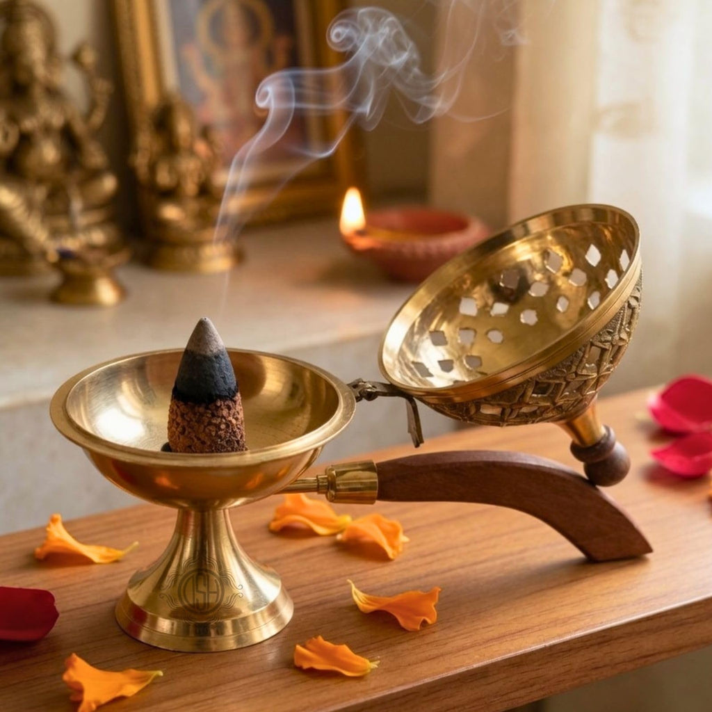 DSH Brass Incense Burner with Wooden Handle – Handcrafted Decorative Charcoal Bakhoor Burner with Lid for Home Fragrance (8.5 Inch)