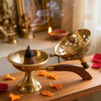DSH Brass Incense Burner with Wooden Handle – Handcrafted Decorative Charcoal Bakhoor Burner with Lid for Home Fragrance (8.5 Inch)