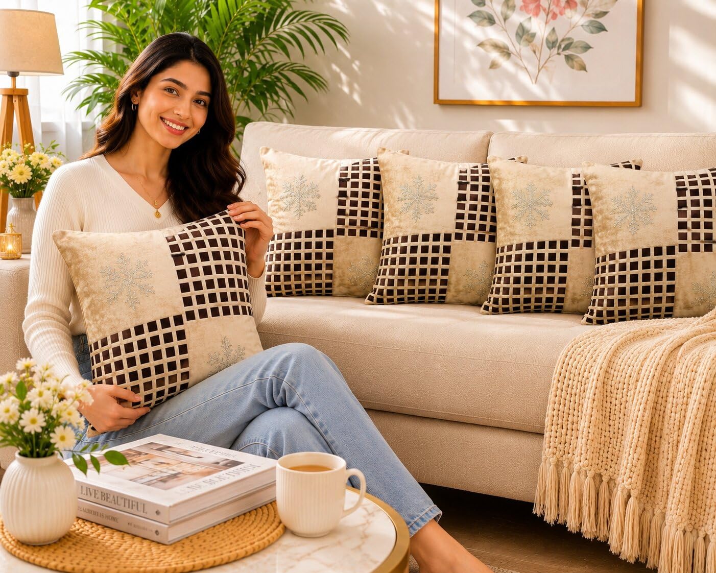 JDX Flower Fancy Cushion Cover Set for Living Room and Sofa, 8049_Beige