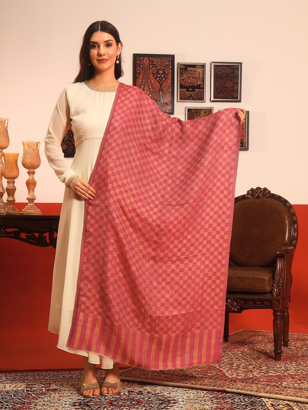 Pashmoda Women Champagne Check Reversible Zari Moonlight Fine Wool Stole (Size : 28x80in, 71X203cm) ZSST02