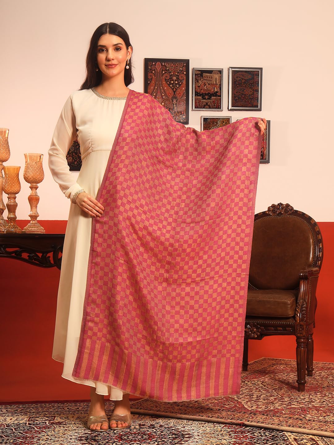 Pashmoda Women Champagne Check Reversible Zari Moonlight Fine Wool Stole (Size : 28x80in, 71X203cm) ZSST02