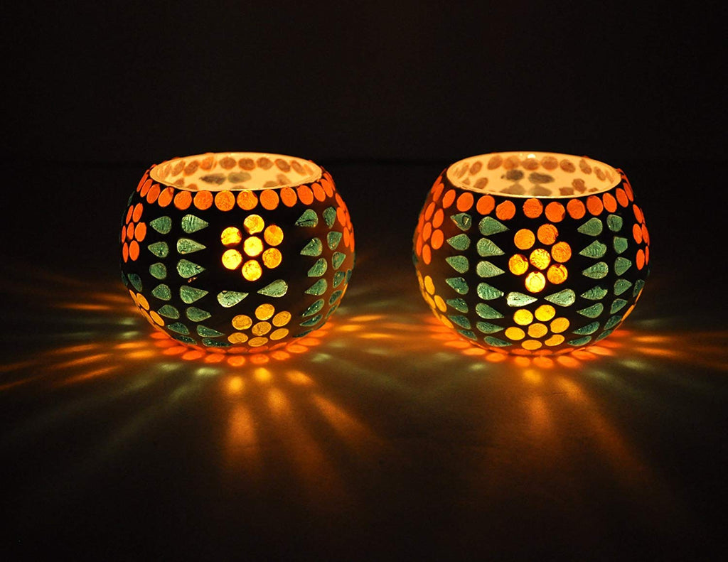 TIED RIBBONS Pack of 2 Turkish Mosaic Glass Votive Tealight Candle Holders for Table - Decorations Items for Home Decor Living Room Bedroom (Mosaic Glass) - Decor - Gifts