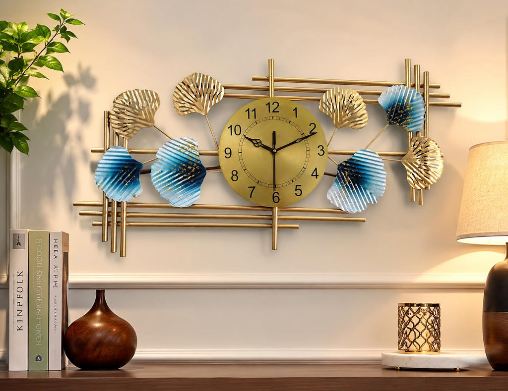Mahira Artefacts Large Metal Wall Clock with Blue and Gold Leaf Art, Silent Quartz Movement, Modern Luxury Style