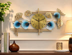 Mahira Artefacts Large Metal Wall Clock with Blue and Gold Leaf Art, Silent Quartz Movement, Modern Luxury Style