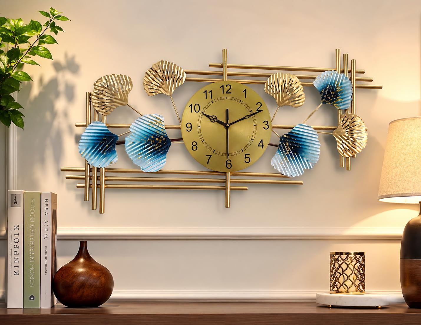 Mahira Artefacts Large Metal Wall Clock with Blue and Gold Leaf Art, Silent Quartz Movement, Modern Luxury Style