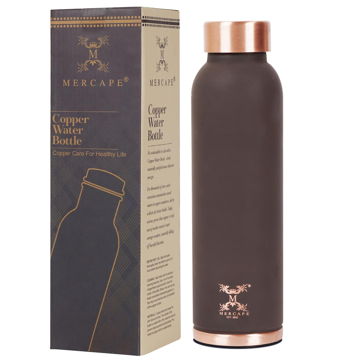 MERCAPE Pure Copper Color Water Bottle 950 ml | Matte Finish Reusable Metal Bottle with Leak-Resistant Cap | Suitable for Home, Office & Travel (Matte Brown)