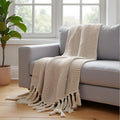 SAJAVAT HOME Hand Knitted Cotton Sofa Throw Blanket | Light Fawn Beige All-Season Throw for Sofa, Couch & Bed | Soft Lightweight Knitted Design withTassels | 80×52 Inches (204×132 cm) Kafalo