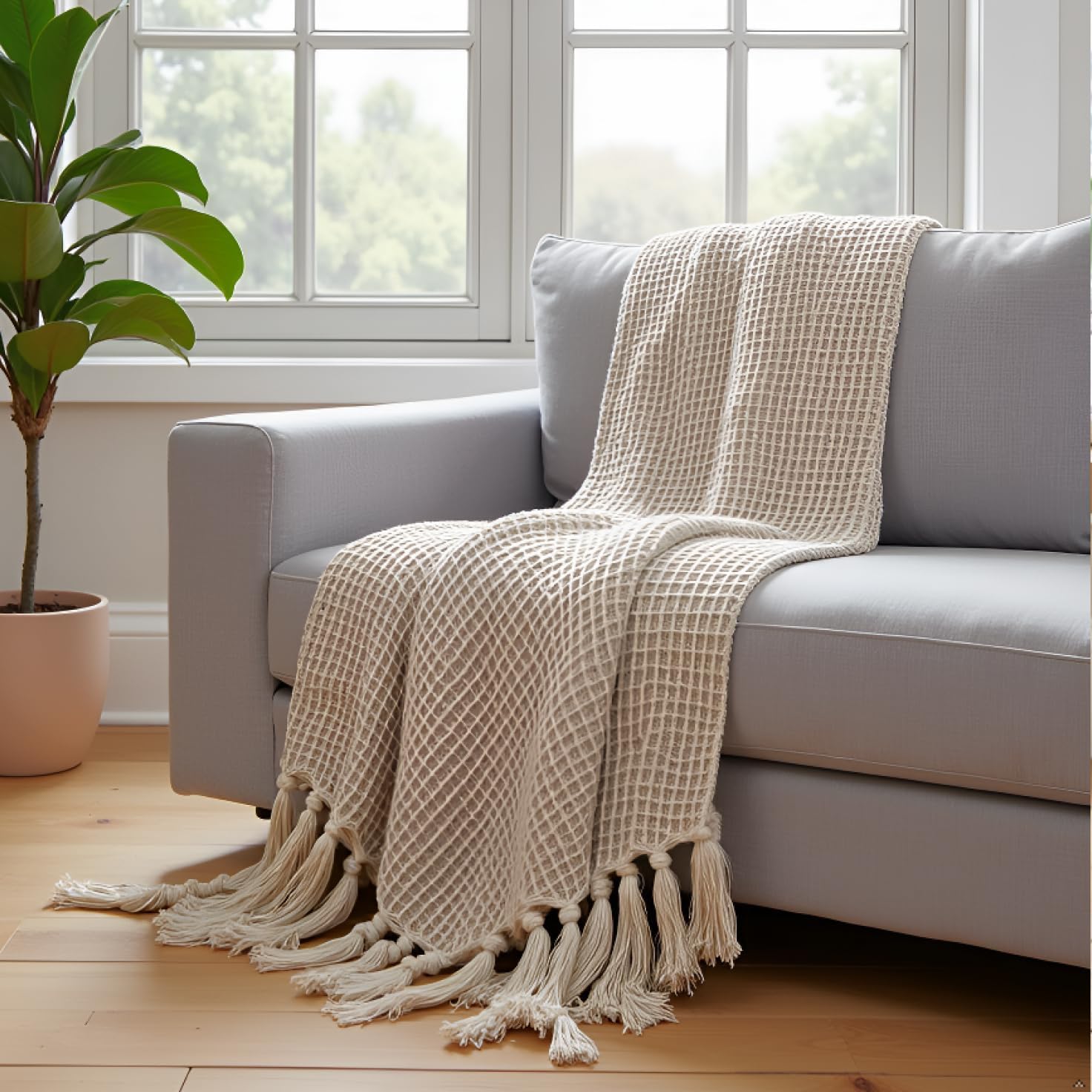 SAJAVAT HOME Hand Knitted Cotton Sofa Throw Blanket | Light Fawn Beige All-Season Throw for Sofa, Couch & Bed | Soft Lightweight Knitted Design withTassels | 80×52 Inches (204×132 cm) Kafalo