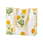MOMISY Handmade Quilted Cotton Tote Bag for Women Reusable Shopping & Travel Bag Floral Block Print Shoulder Handbag Lightweight Daily Carry Bag (Marigold)