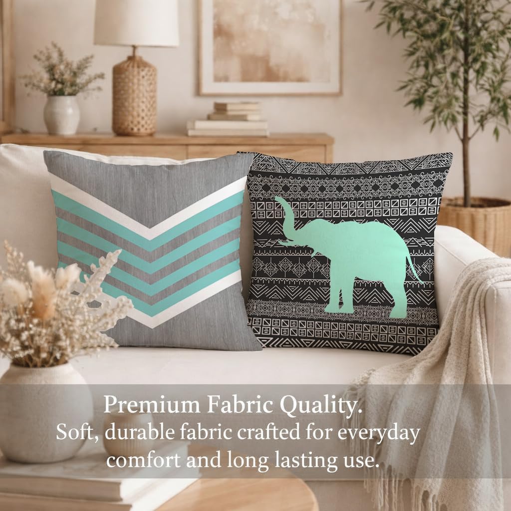 STITCHNEST Set of 2 Teal Tribal Harmony Collection Printed Jute Cushion Covers 16x16 Inches | Decorative Throw Pillow Covers for Sofa, Living Room, Bedroom | Perfect for Home Decor