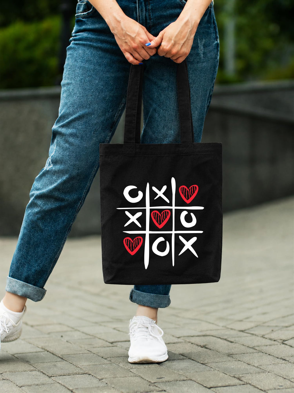 DOODLE Canvas Tote Bag for Women – Eco-Friendly Cute Heart Printed Reusable Shoulder Bag with Outer Zip & Inner Zip Pocket, Spacious Tote for Shopping, Office, College, Valentine Gift, Beach & Travel