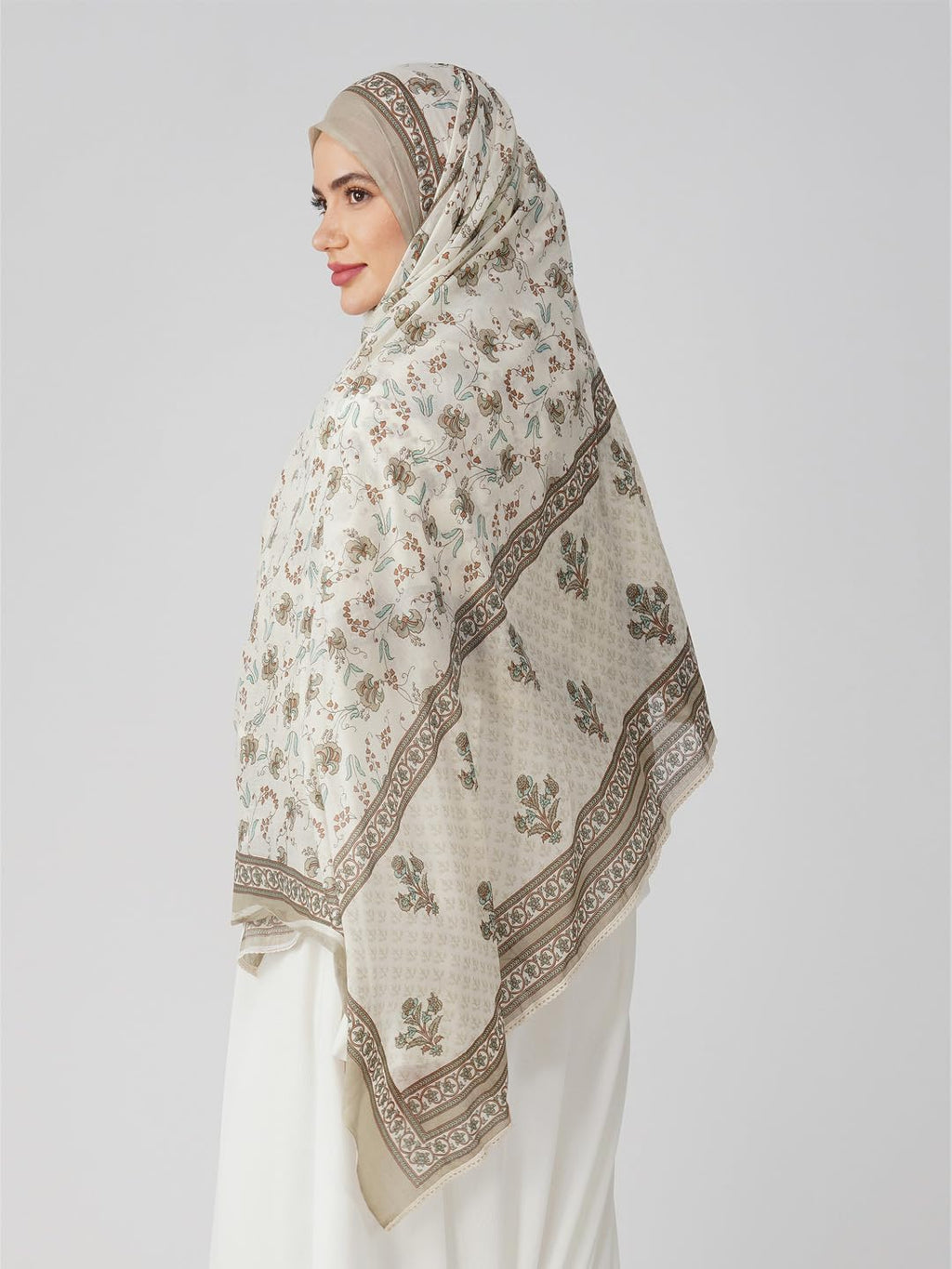 ANAApparels ANA Zara Beige Floral Dupatta | 90 x 44 Inches – Premium Mulmul Cotton | Lace Border | Lightweight, Soft & Breathable