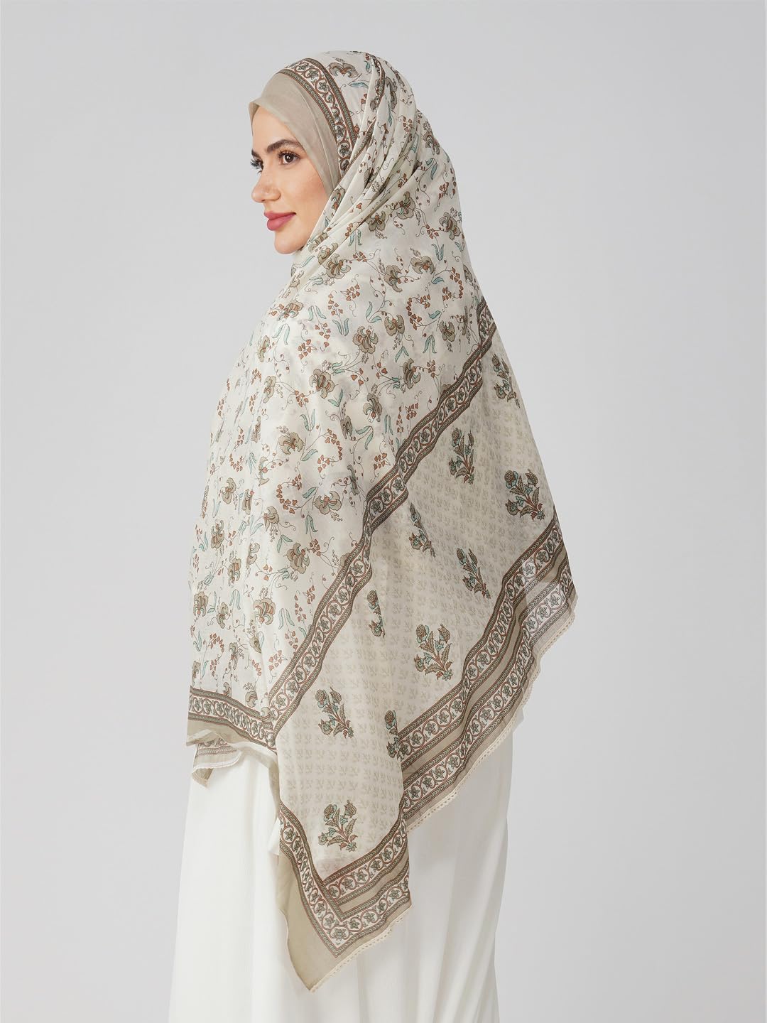 ANAApparels ANA Zara Beige Floral Dupatta | 90 x 44 Inches – Premium Mulmul Cotton | Lace Border | Lightweight, Soft & Breathable