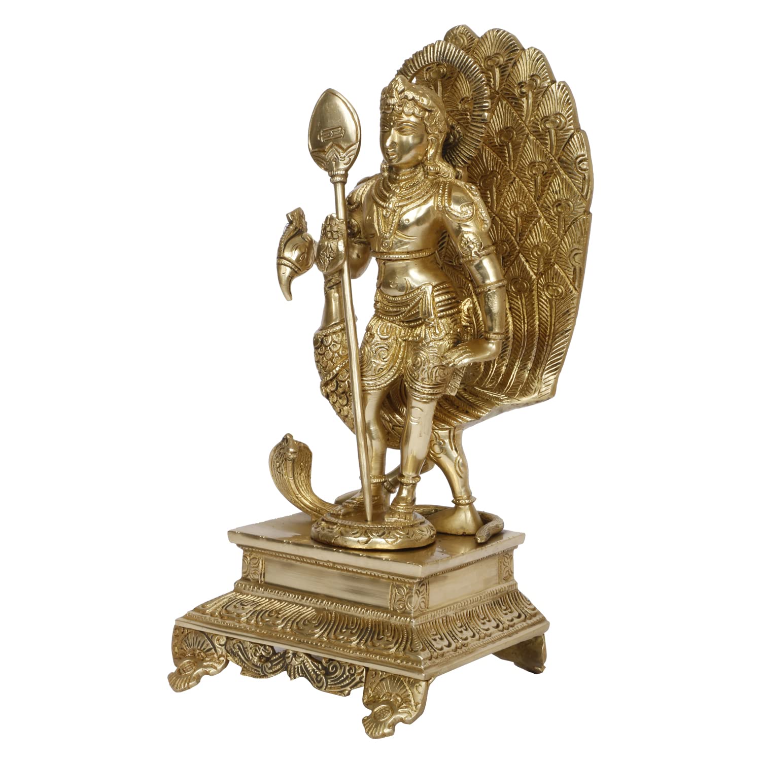 ARTVARKO Brass Lord Murugan Kartikeya Murugana Kumaraswamy Karthikeya Standing Idol with Peacock Swaminatha Skanda Murti Swami Ji Subrahmanya Swamy Height 12 Inch