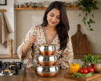 GlamourShop Stainless Steel Copper Base Serving Bowls Handi Set of 5 Pieces, Handi Set with Serving Bowl Set/Cookware Set/Sauce Pot and Handis (3, Free)