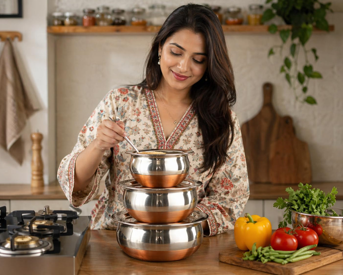 GlamourShop Stainless Steel Copper Base Serving Bowls Handi Set of 5 Pieces, Handi Set with Serving Bowl Set/Cookware Set/Sauce Pot and Handis (3, Free)