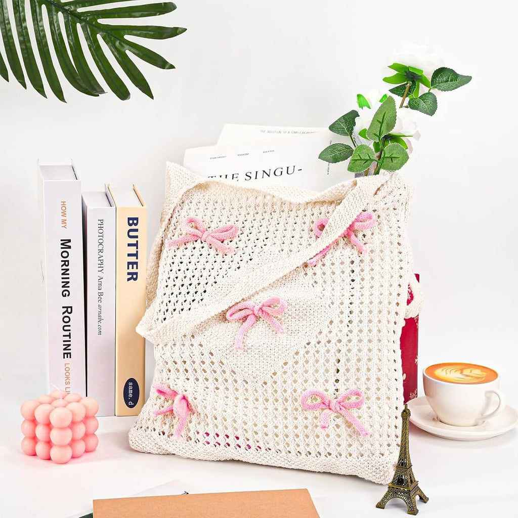 PALAY® Tote Bag for Woman Bow Crochet Mesh Knitted Shoulder Bag Coquette Cute Aesthetic Travel Tote for Girls