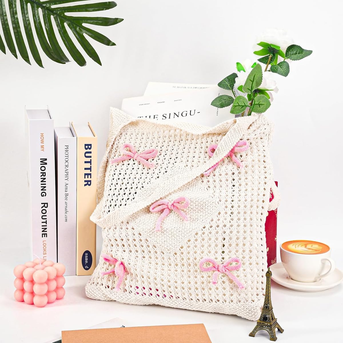 PALAY® Tote Bag for Woman Bow Crochet Mesh Knitted Shoulder Bag Coquette Cute Aesthetic Travel Tote for Girls