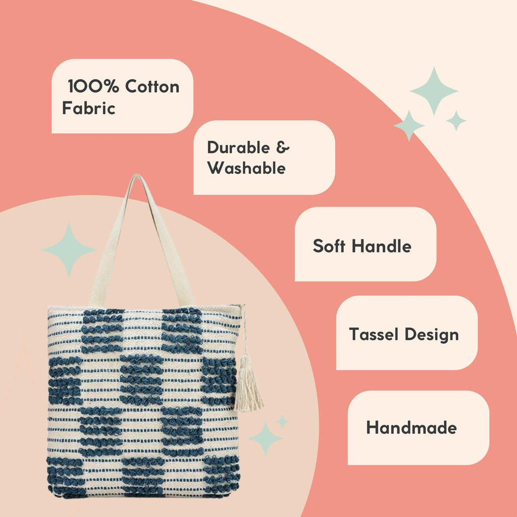 LoomEarth Handcrafted Cotton Tote Bag with Navy Blue Loop Pattern, White Tassel Accent, Beach Shopping Shoulder Bag