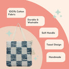 LoomEarth Handcrafted Cotton Tote Bag with Navy Blue Loop Pattern, White Tassel Accent, Beach Shopping Shoulder Bag