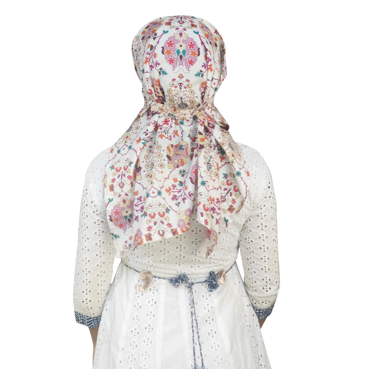 Switchon Scarf Hijab Rayon Printed fancy scarf for women Size Adjustable -Hook loop tape (White_Multi)