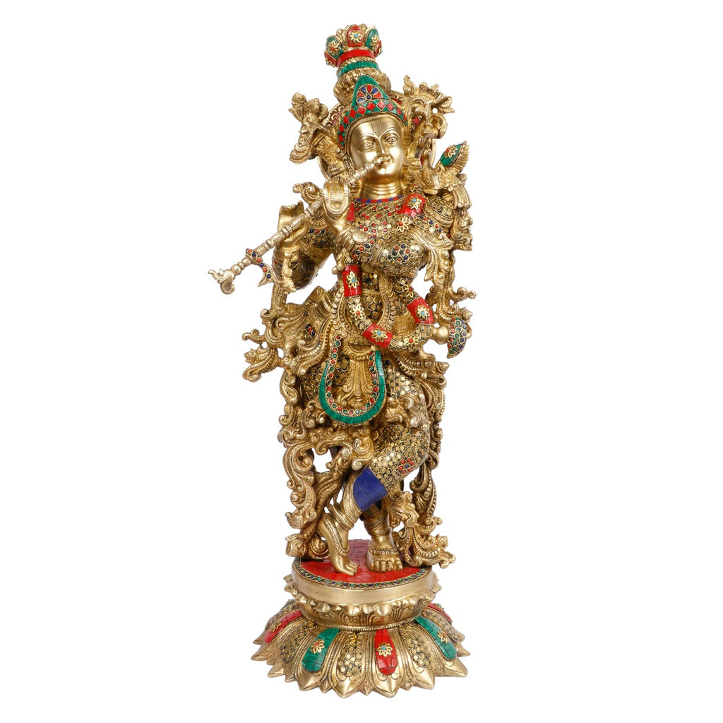 ARTVARKO Big Lord Murli Manohar Krishna Statue Brass Inlay Handwork Murti Gift & Home Temple Décor - Height 25 Inches
