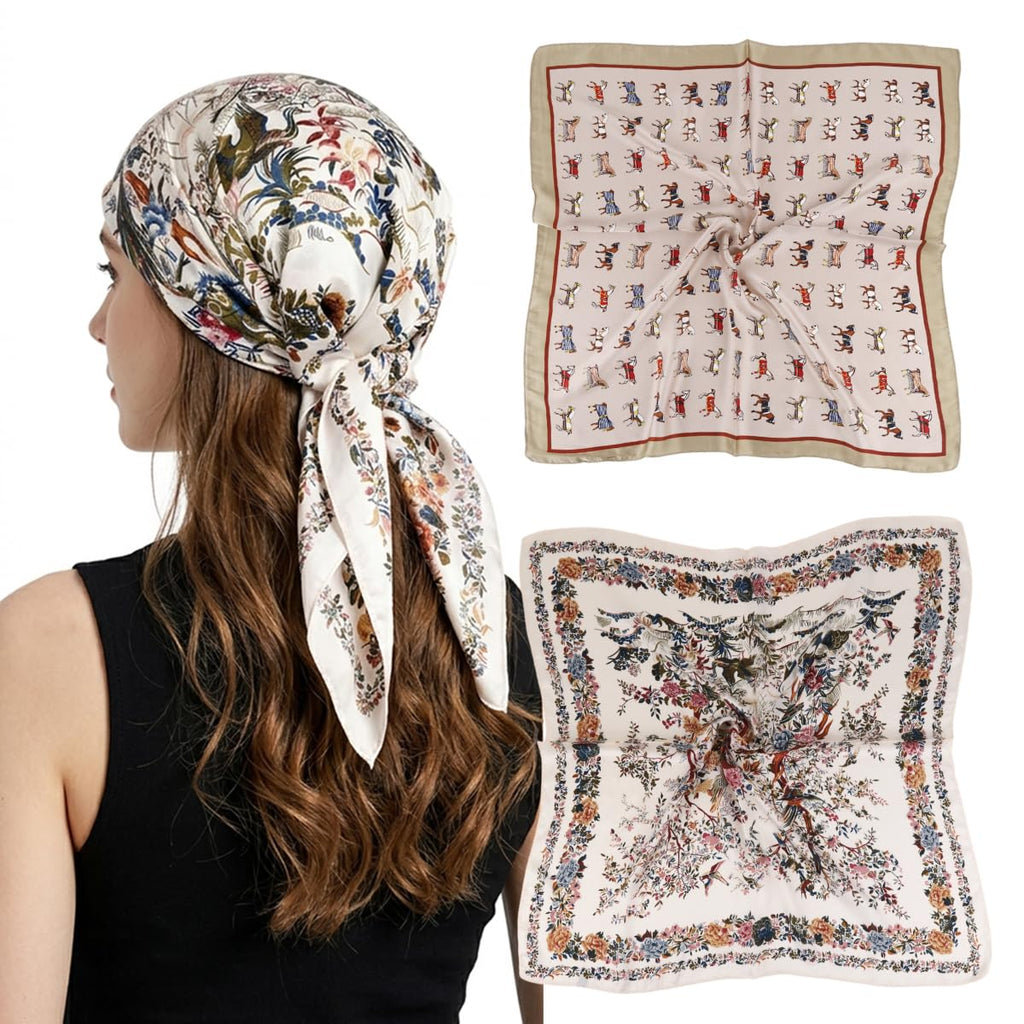 SANNIDHI 2 Pcs Satin Bandana Scarf for Women, Floral Print, 27.5x27.5 Inch