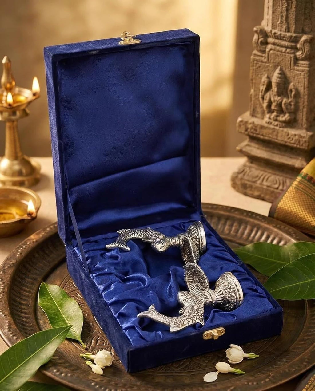 Fish Shape Diya Set, Silver, Metal, 12 cm Height, Traditional Oil Lamp for Puja and Home Decor, Set of 2