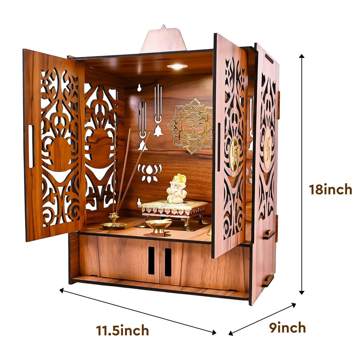 LAVKUSH Art Creation Wooden Temple for Home Mandir with Doors & Drawer | Handcrafted Wall Mount Pooja Mandir with LED Light & OM Design | Wooden Pooja Temple for Home & Office (16x9x11 Inch)