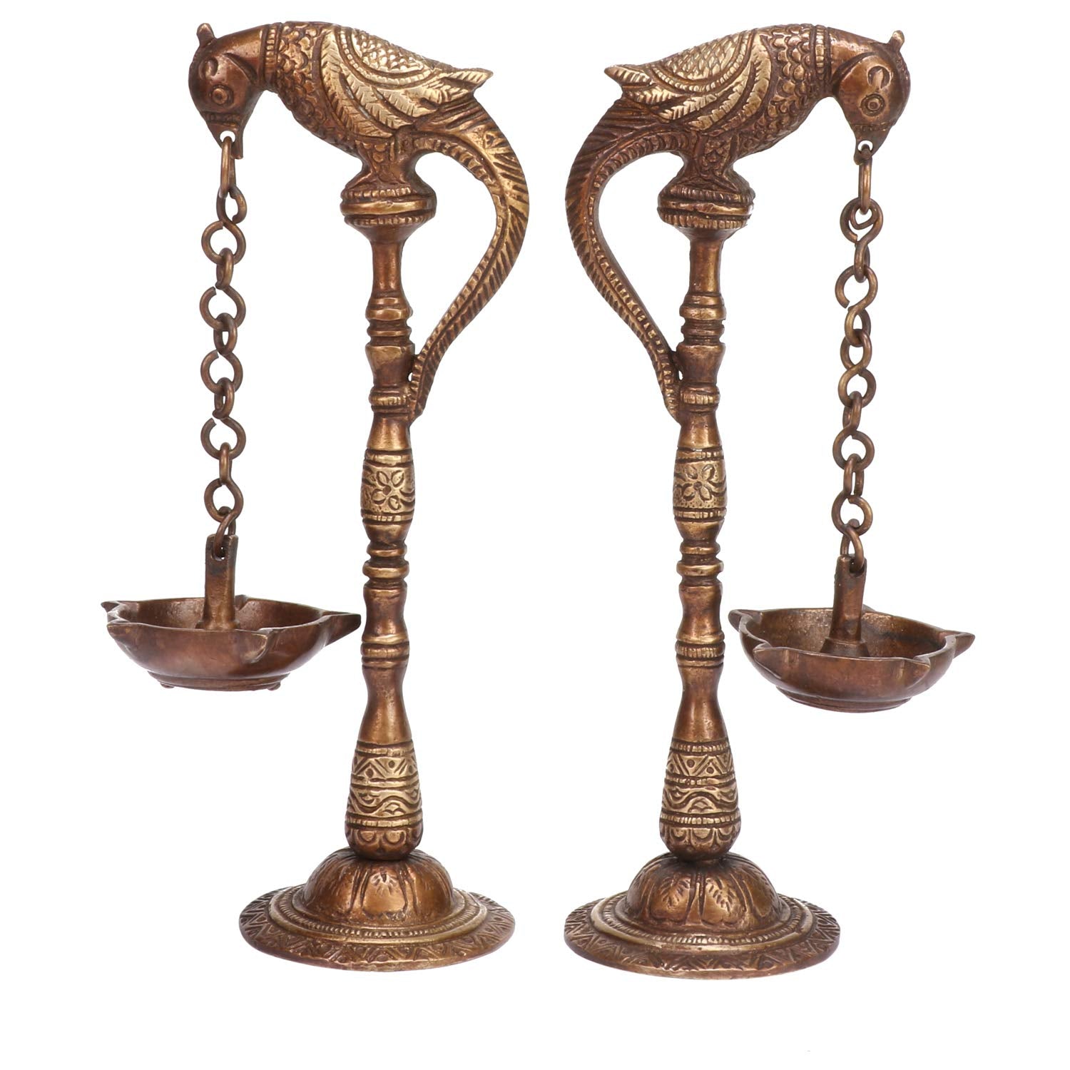 SVARUP Antique Brass Diya with Parrot Design: Ideal for Traditional Puja Rooms.
