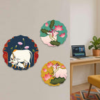 Artvibes Sacred Cow Pichwai Art Round Shape MDF Wooden Wall Decor Items | Living Room | Office | Handcrafted Art | Wall Accent | Painting | Artworks Hangings | Gift Items (WH_8814NN), Set of 3