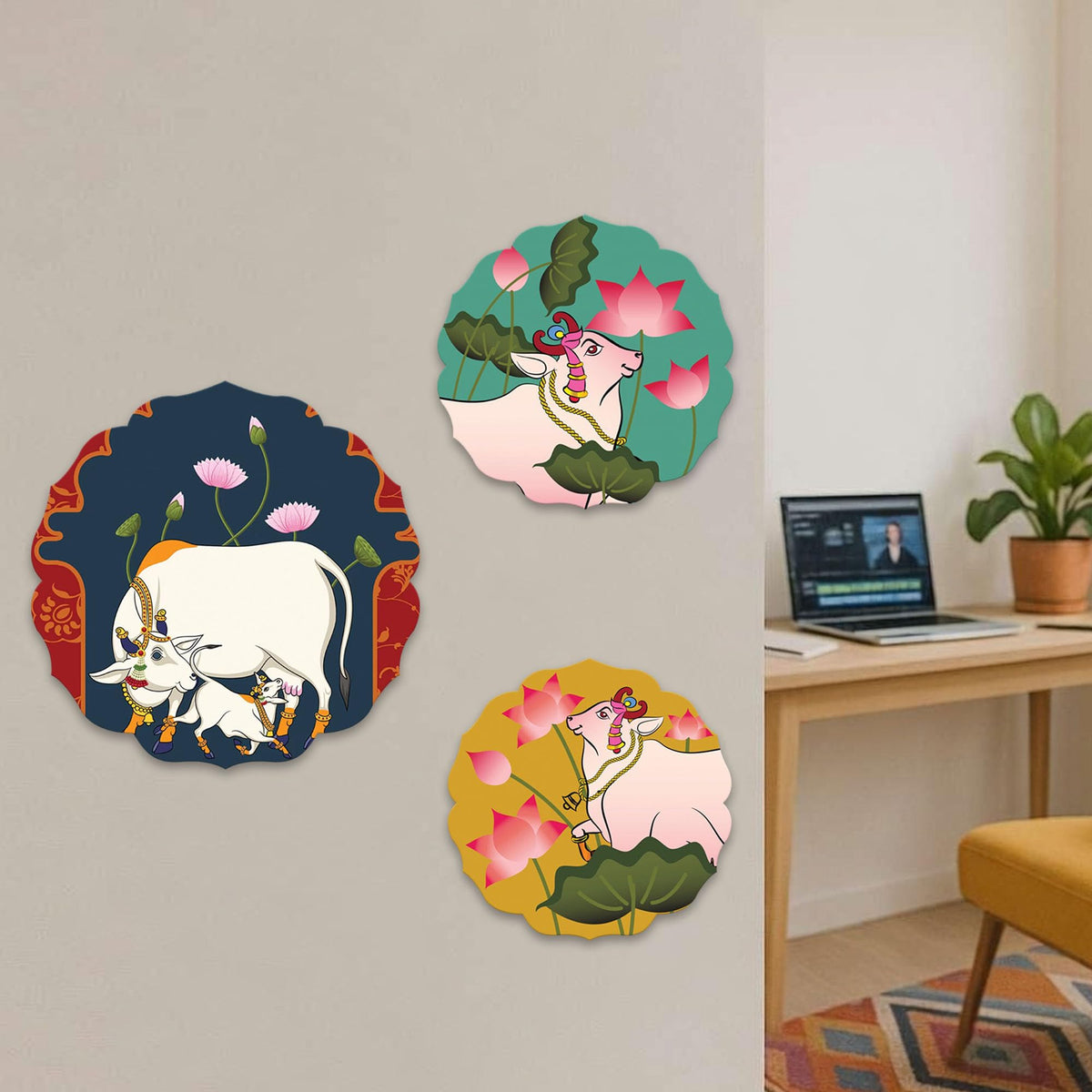Artvibes Sacred Cow Pichwai Art Round Shape MDF Wooden Wall Decor Items | Living Room | Office | Handcrafted Art | Wall Accent | Painting | Artworks Hangings | Gift Items (WH_8814NN), Set of 3