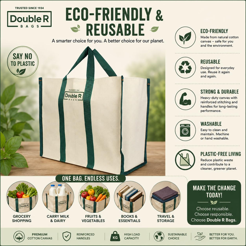DOUBLE R BAGS Women’s Eco-Friendly Cotton Canvas Tote Bag | Big Reusable Jhola Bag for Grocery, Milk, Fruits & Vegetables with Reinforced Handles | 43x21x35 cm, 1 Compartment (Green, Pack of 1)