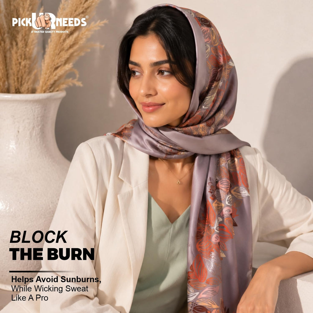 Pick Ur Needs Premium Satin Silk Feel Rectangle Scarf for Womens & Girls Floral Printed Long Fashion Stall Soft Lightweight Neck, Head & Shoulder Wrap