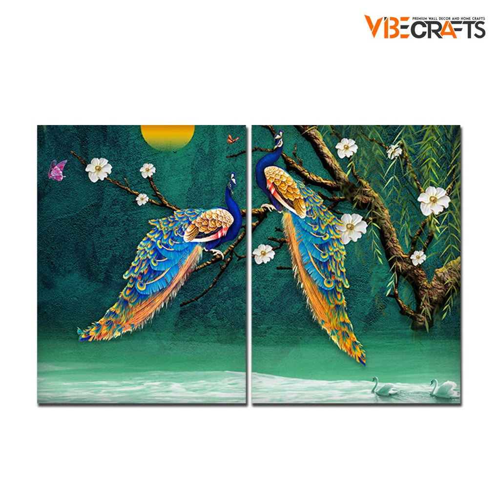 VIBECRAFTS 2 Pieces Beautiful Bird Couple In Forest Canvas Wall Painting Fitted With Wooden Frame For Home | Office | Living Room | Gifts(PTVC2Pcs1_17507)