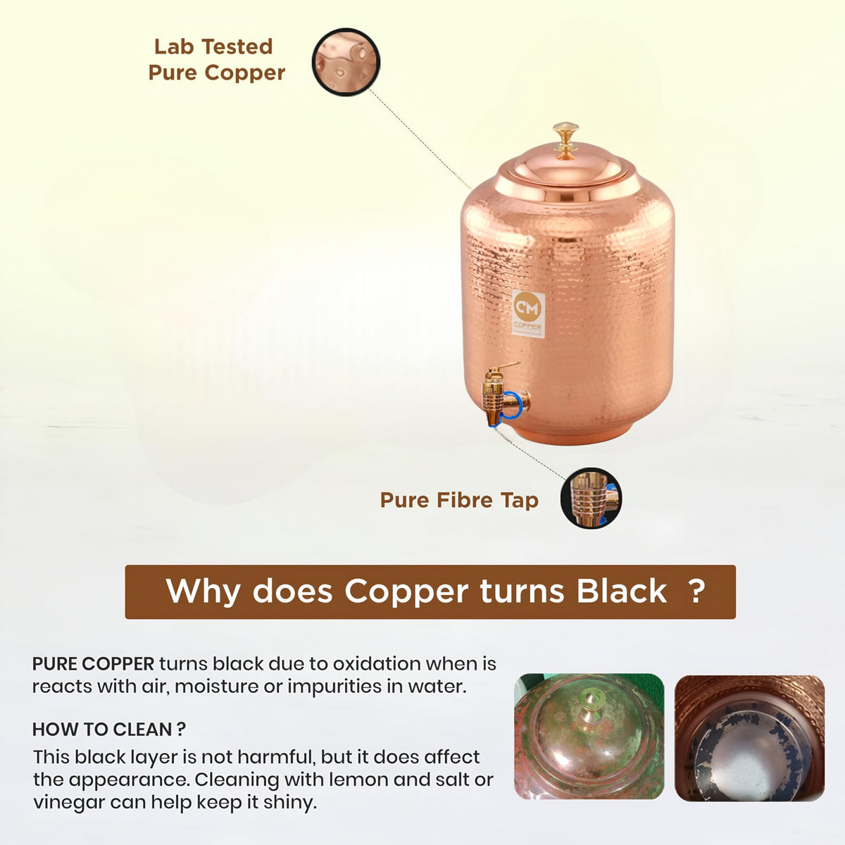 Copper-Master 5 Litre Hammered Copper Water Dispenser (Matka/Pot) Container Pot with Pure Copper and Ayurvedic Health Benefits (5000 ml)