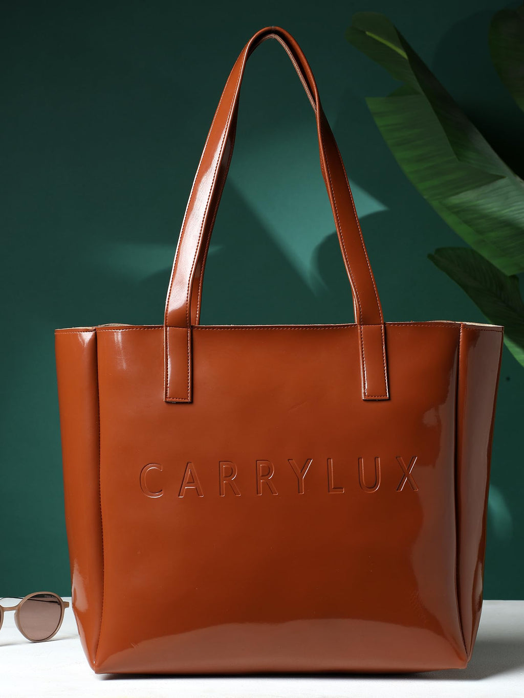 Carrylux ShinyAura Women's Tote Bag, Large Glossy Handbag, Shoulder Bag for Office & Casual Use (Tan)
