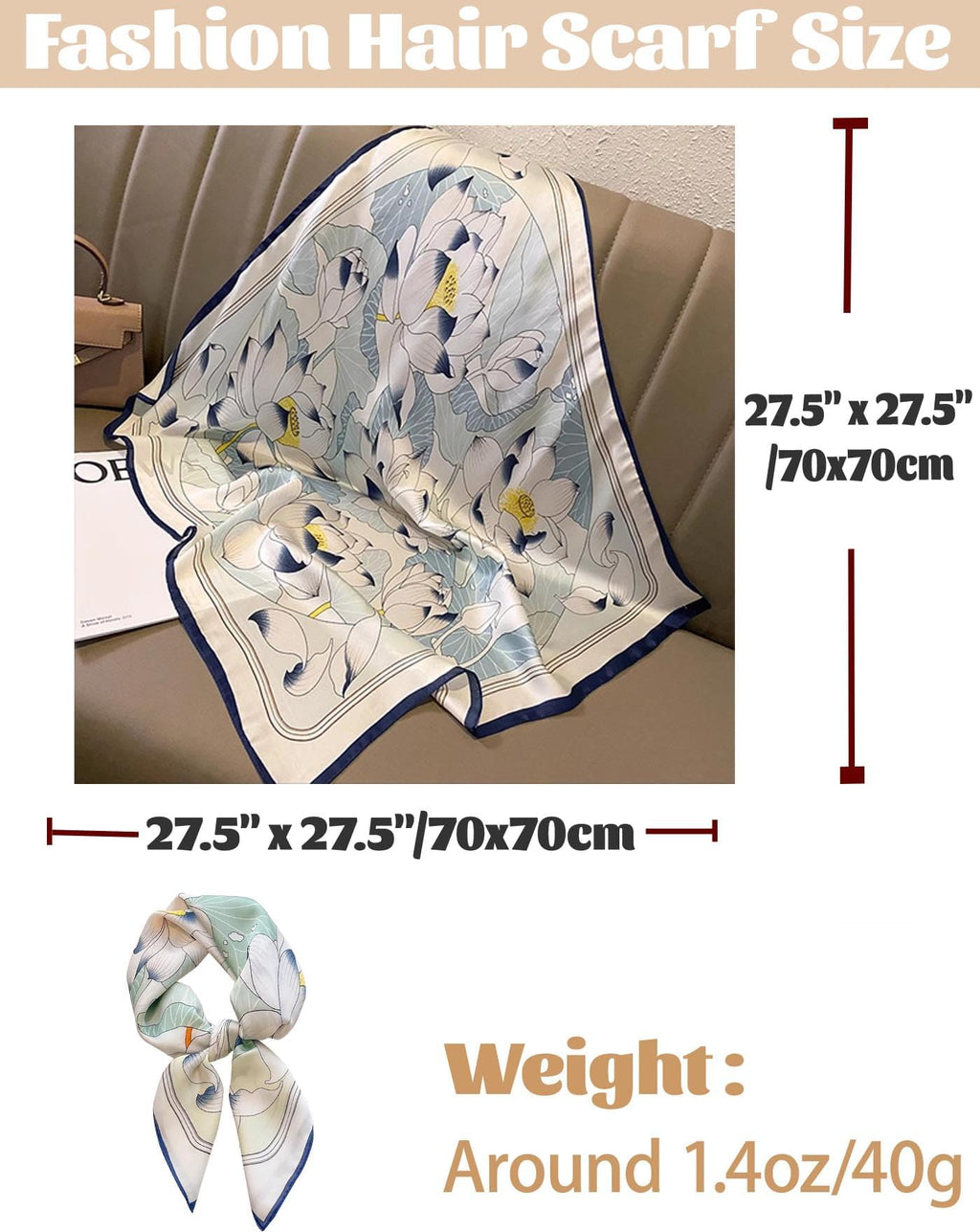 Zbdroxygen Silk Scarf for Women, Stylish Satin Scarf 70x70cm Square,Scarf for Women Elegant Head and Neck Accessory for Fashion, Travel and Gifting
