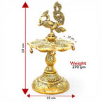 Kridaykraft Metal Peacock Diya Samai Oil Lamp, Gold Finish, Traditional Indian Decor, 19 cm Height, 270 gm, Handcrafted Design