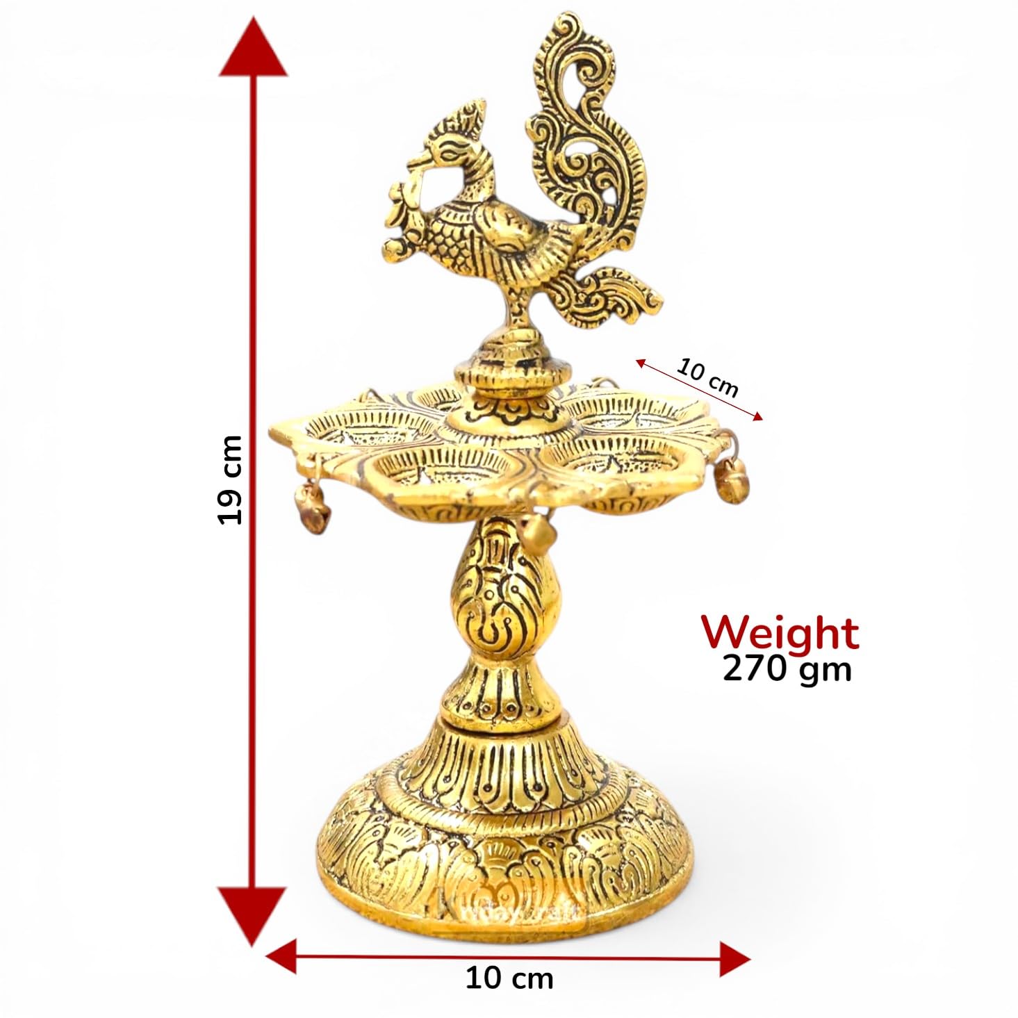Kridaykraft Metal Peacock Diya Samai Oil Lamp, Gold Finish, Traditional Indian Decor, 19 cm Height, 270 gm, Handcrafted Design