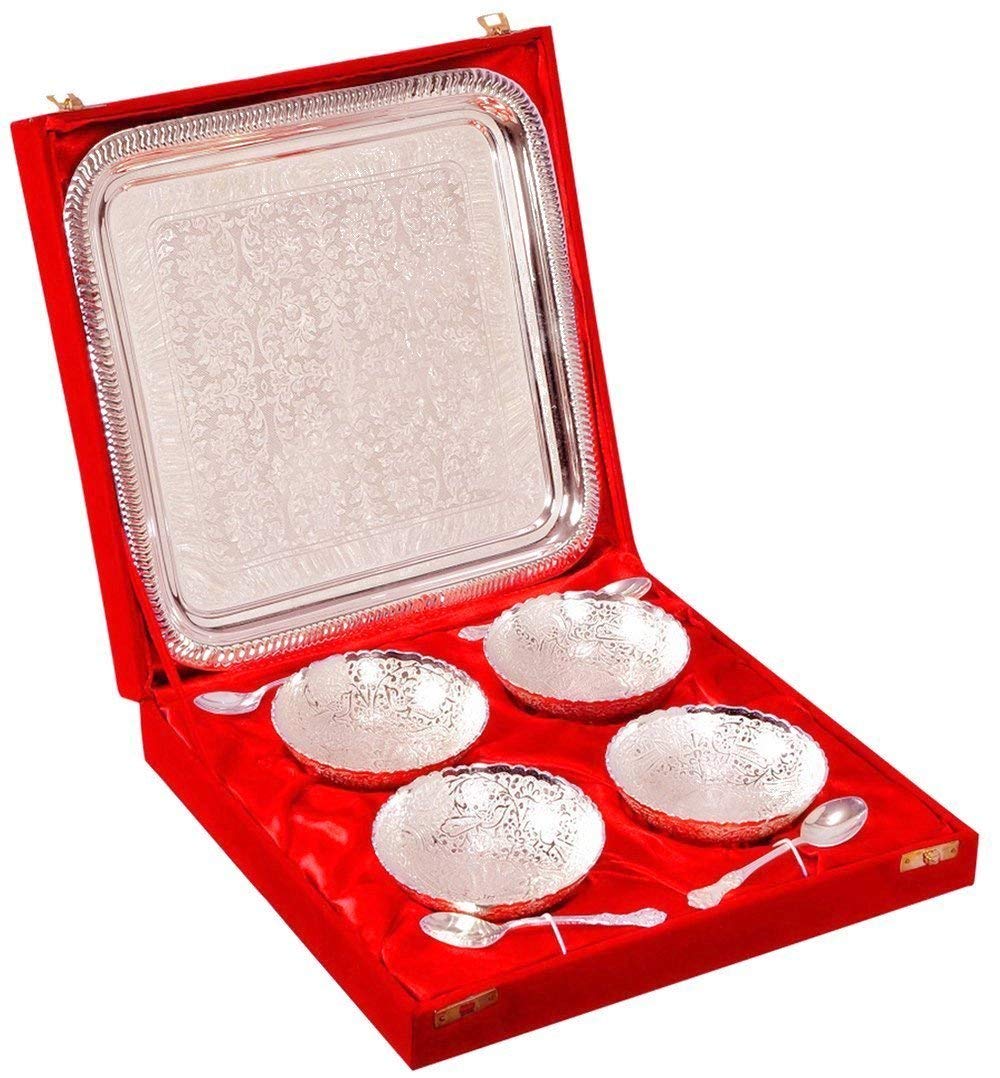 R Ayurveda Copper™ Silver Plated Brass Bowl Set with Tray - Pack of 9